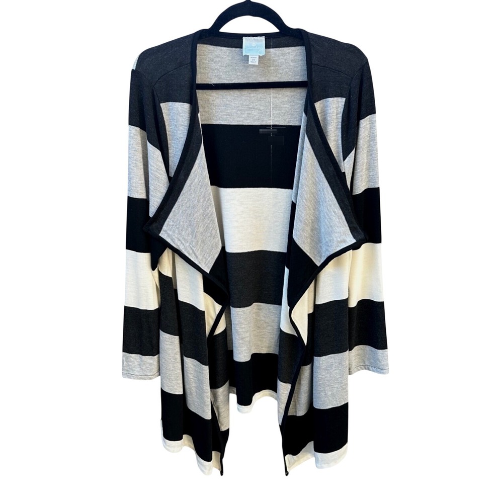Sunday Woman Black Grey Striped Open Front Waterfall Cardigan Plus Size 2X